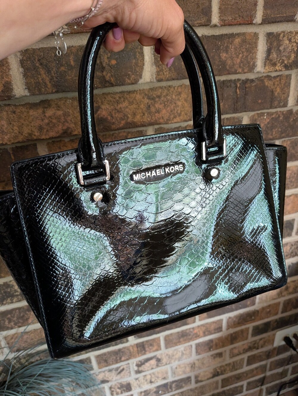 Michael Kors Black Patent Snake-Embossed Leather Tote Purse - Picture 8 of 9